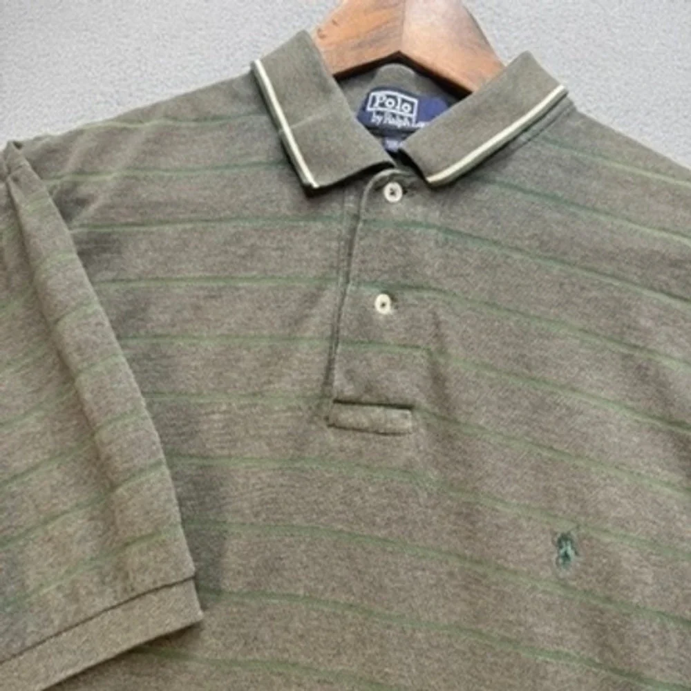 Polo Ralph Lauren Polo Shirt Striped Classic Fit Large Olive Green Cotton Pique